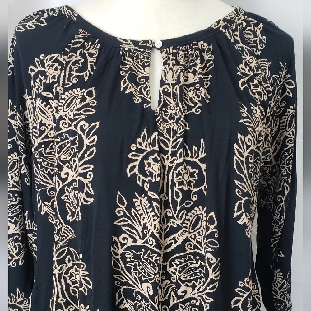 Lucky Brand Black Keyhole Detail Peasant Top Black & Tan Size 1X Boho